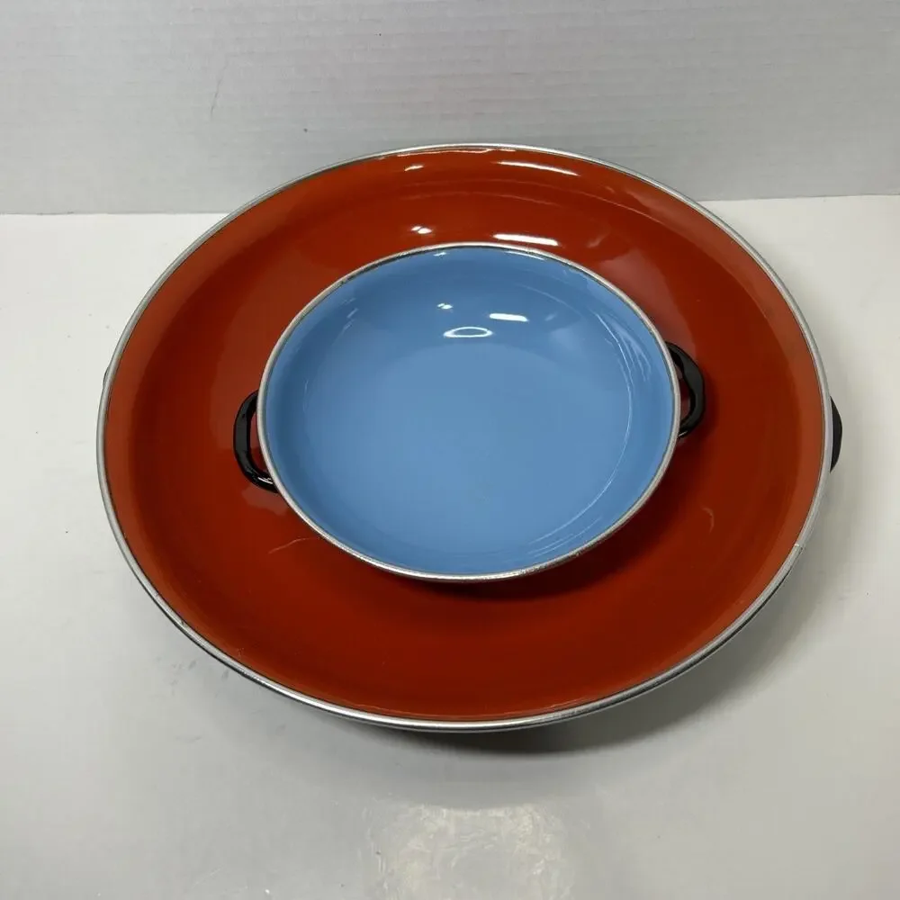 Vtg MCM Emo Celji Style Nesting Enamel Metal 2 Saute Pans Yugoslavia Blue Red